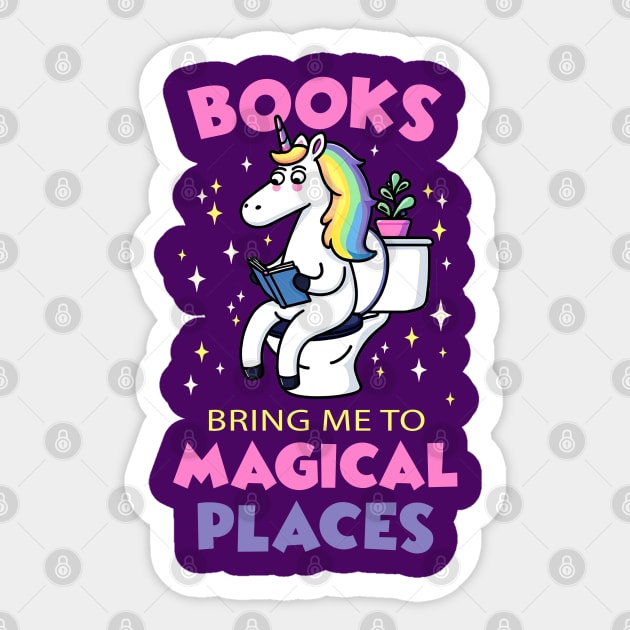 Books Bring Me to Magical Places Unicorn Reading in Toilet Sticker by Irene Koh Studio